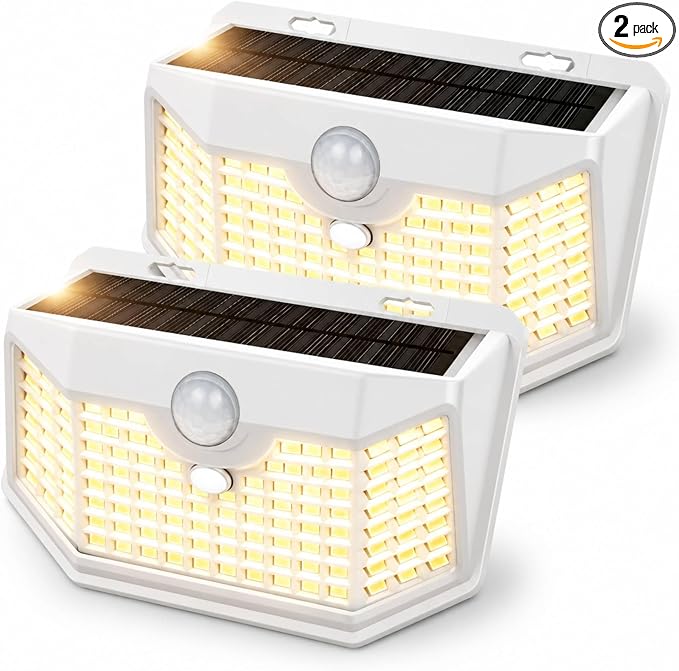 HMCITY 120 LED Solar Lights Outdoor Motion Sensor, 2 Pack, White Warm | 3 Lighting Modes, IP65 Waterproof, Front Button Control, Wide Solar Wall Lights Ideal for Garden Patio Yard