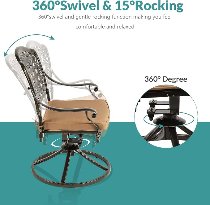 MEETWARM 7-Piece Outdoor Patio Dining Set, All-Weather Cast Aluminum Patio Conversation Set with 6 Cushioned Swivel Rocker Chairs for Backyard Garden Deck, 1 Rectangular Table, 2" Umbrella Hole