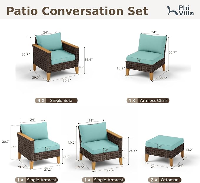 PHI VILLA 9-Piece Outdoor Wicker Furniture Set with 4-inch Thick Cushions, High Back Wicker Sofa for Deck, Yard, and Poolside in Blue (3 Seat Style)