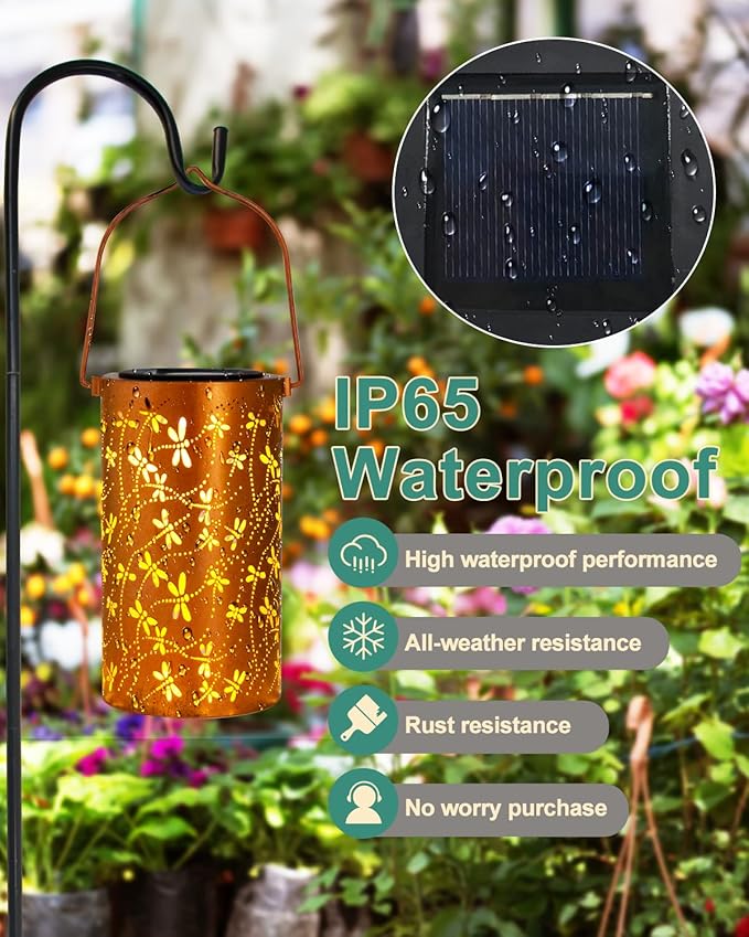 DIBIEECN Birthday Gifts for Women Mom Grandma Wife, Solar Lanterns Outdoor Waterproof, Metal Hanging Lights Garden Decor, LED Decorative Lantern for Patio Porch Backyard, Dragonfly, 4 Pack