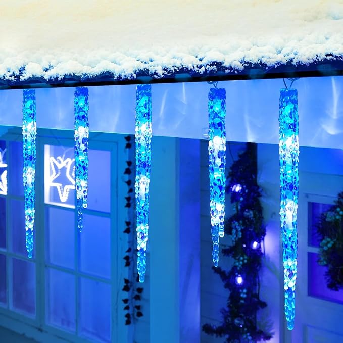Brightown Icicle Lights Outdoor, 2 Pack Total 40ft 40 Tubes 200 LED Ice Shape String Lights, Connectable Hanging Christmas Decoration Lights for Tree Patio Roof Holiday Decor, Blue and White
