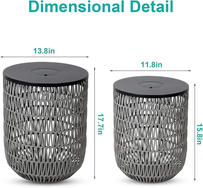 HMVPL Solar Patio Side Table Set of 2 with Dimmable Light, Round Outdoor Side Table for Patio, Outdoor End Accent Tables, Plastic Rattan Outside End Table for Poolside Backyard Gazebo, Dusk to Dawn
