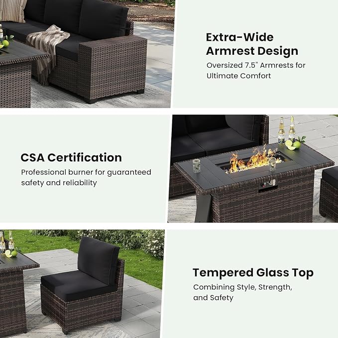 7-Piece Outdoor Sectional Black Wicker Rattan Conversation Set Patio Furniture Set with 44" Fire Pit Table for Garden Porch Backyard
