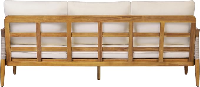 Merax 5-Piece Acacia Wood Patio Set with Rope Seats & Cushions | Teak-Finish Acacia Frame, Beige Woven Rope, Deep Seating Cushions And Coffee Table For Porch, Garden Or Backyard