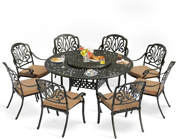 9-Piece Patio Furniture Dining Set, All Weather Cast Aluminum Outdoor Conversation Set- 61" Round Patio Dining Table with Detachable Lazy Susan & 8 Cushioned Chairs, Umbrella Hole, Khaki