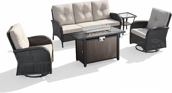 5 Piece Patio Furniture Sets with Fire Pit Table - Wicker Patio Conversation Sets with Swivel Glider, Loveseat, Tempered Glass Side Table for Deck Backyard - Black Wicker Beige Cushion