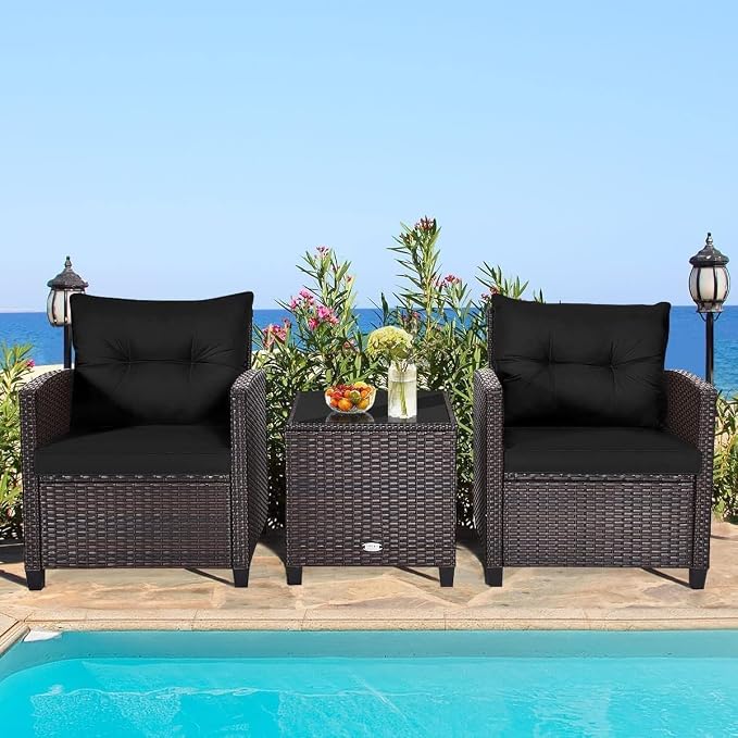HOMGX 3 Pieces PE Rattan Wicker Patio Sofa Chairs, Outdoor Furniture Conversation Sets with Washable Cushion & Glass Table, Rattan Sofa Set for Balcony, Porch, Yard, Backyard, Lawn, (Black)