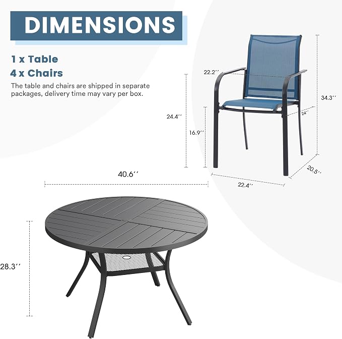 DIFY 5 Pieces Outdoor Patio Dining Set for 4, 40.6" Black Round Metal Dining Table and 4 Blue Stackable Sling Dining Chairs, Outdoor Table and Chairs for Lawn Garden Backyard Deck