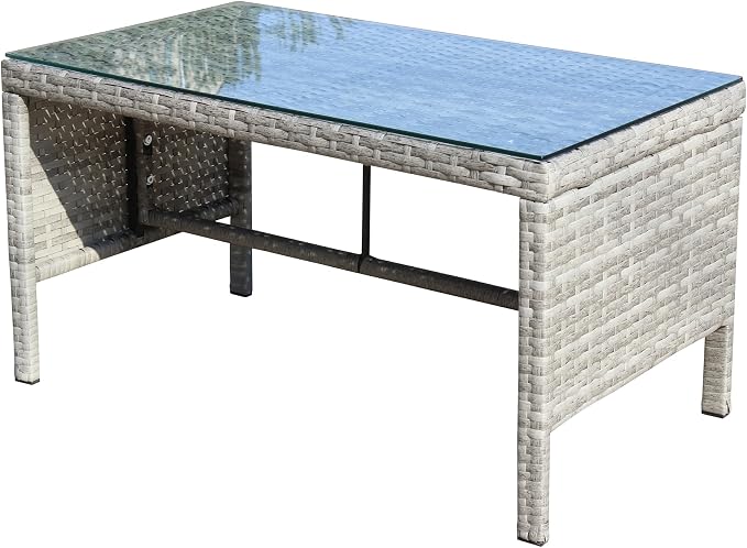 31.1" Outdoor Patio Side Table – Low Rectangle Coffee Table with Tempered Glass Top, Outdoor Wicker End Table for Backyard Deck Patio, 180 lbs Capacity, Grey