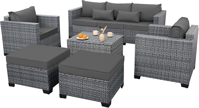 Lviden 6 Pieces Wicker Patio Furniture Sets Outdoor Conversation Set HDPE Rattan Sectional Sofa Couch with Storage Table and Non-Slip Cushions, Light Grey