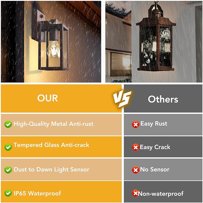 Dusk to Dawn Outdoor Light Fixtures, 2-Pack Sensor Porch Lights, Waterproof Exterior Wall Sconce Lighting Lamp, Waterproof Wall Lantern for House, Doorway, Garage (Oil Rubbed Bronze)