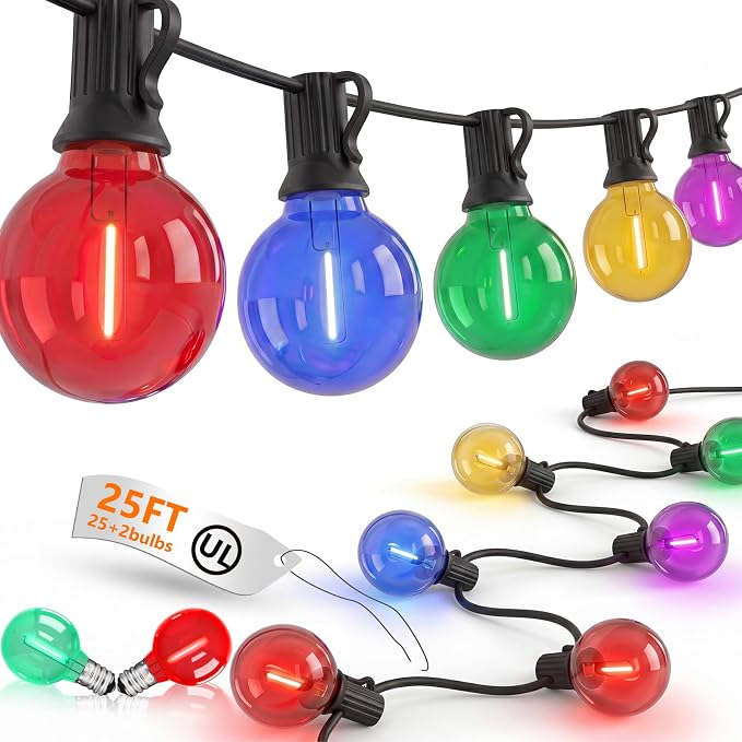 25FT G40 LED Multicolor Christmas String Lights Outdoor, 25 Globe Bulbs | Hanging Patio Lights Waterproof, Connectable Christmas Decorations Lights for Backyard Porch Garden Bistro Party, Black Wire
