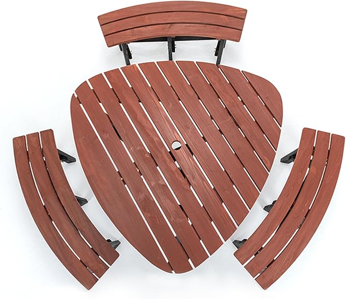 6 Person Wooden Picnic Table, Outdoor Picnic Tables with 3 Built-in 500 LBS Benches, Circular Camping Dining Table and Chairs Set with Umbrella Hole for Garden, Patio, Backyard