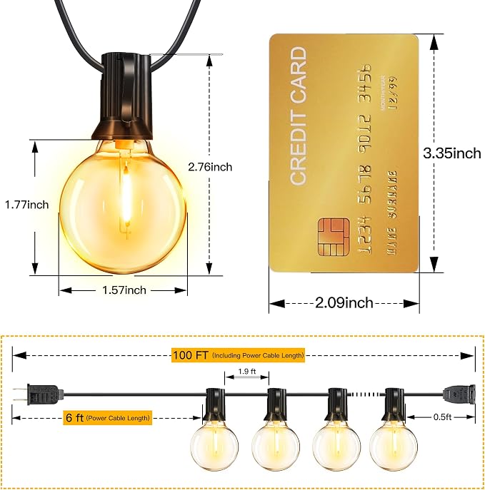 Ollny 100FT Outdoor String Lights, Waterproof Connectable Shatterproof Outside Light with 50 Edison + 3 Spare LED Bulbs Plug in, Patio Lights for Indoor Balcony Porch Camping Deck