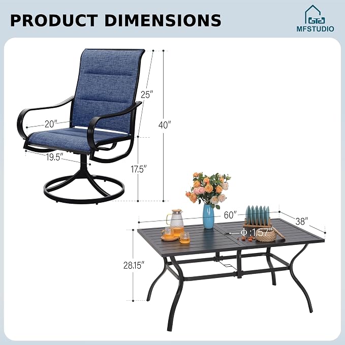 MFSTUDIO Patio Dining Set for 6 w/Metal Table & Swivel Chairs, Navy Blue | Padded textilene, Ergonomic high back, Rectangular, Umbrella hole, Weather-reistant, Patio deck garden backyard