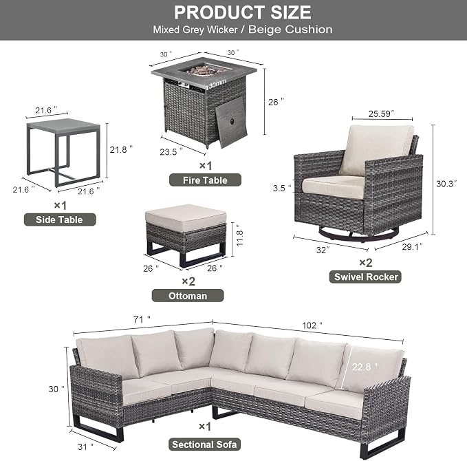 Belord Patio Sectional Furniture Set with Fire Pit Table: 8 Pieces Wicker Patio Conversation Set with L Shaped Sofa, Outdoor Swivel Glider Rocker, Rattan Ottomans, Removable Cushions Beige