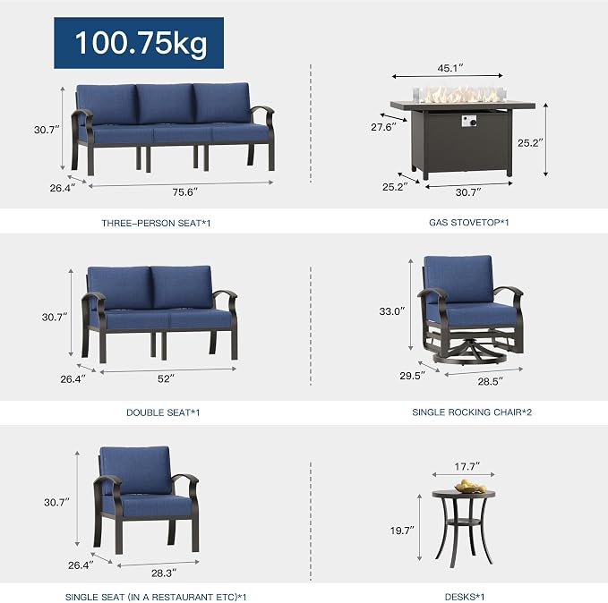 Kullavik Aluminum Patio Furniture Set,8 Piece Modern Metal Outdoor Patio Furniture w/5.1'' Thick Cushion,Swivel Chairs and Propane Fire Pit Table,Patio Conversation Sets for Porch,Deck,NavyBlue