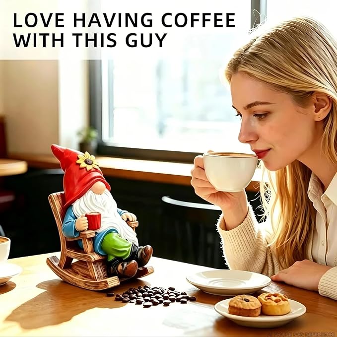 Outdoor Garden Gnome Statue Decoration - Funny Drinking Coffee gnomes Figurine Ornament for Indoor Outdoor Home Patio Yard Lawn - Lucky Gnome Unique Mom Birthday Gifts - Best Garden Gifts for Day