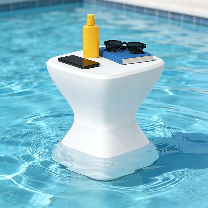 Multi-Scene Outdoor Side Table - 18" Polyethylene Pool Side Table, Pre-Weighted & Adjustable Feet for Stability in Pool, on Patio or Deck -All-Weather Pool Furniture, White