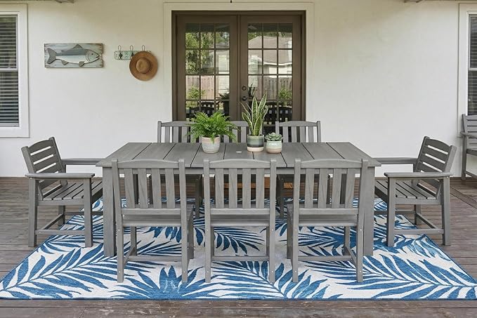 Perli™ 9-Piece Outdoor Dining Set, All-Weather HDPE Patio Furniture with 8 Ergonomic Chairs & Large Table, Built-in Umbrella Hole, UV-Resistant Set for Backyard, Deck, Poolside, Grey