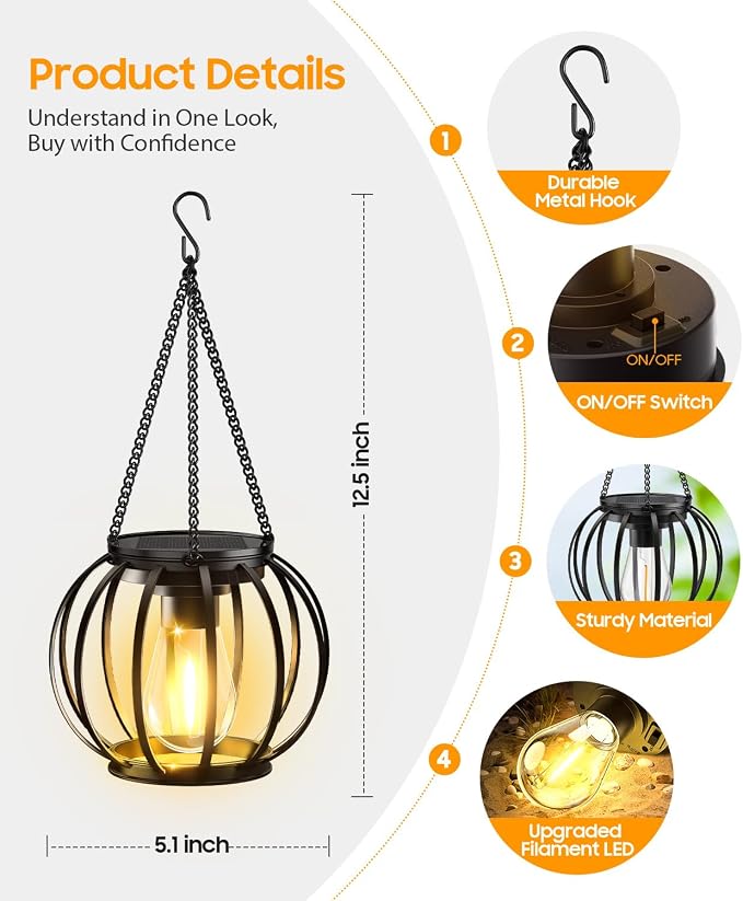 KOOPER Solar Lanterns Outdoor Waterproof, 4 Pack Upgraded Metal Hanging Solar Lights Outdoor Lanterns, Brighter Auto On/Off Outdoor Hanging Lantern for Yard Patio Pathway Porch Garden Decor