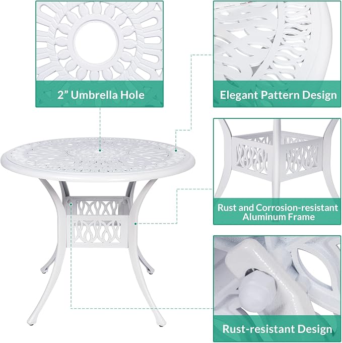 VIVIJASON 5-Piece Outdoor Patio Dining Set, All-Weather Cast Aluminum Conversation Set, Patio Furniture Set for Balcony Lawn Garden, Include 4 Swivel Chairs, 1 Round Table w/Umbrella Hole, White