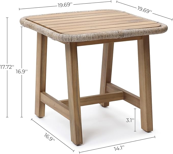 LuxenHome 17.5" Outdoor Side Table, Acacia Wood Patio End Table with Woven Wicker Trim, Small Outdoor Accent Tables for Patio, Balcony, Garden