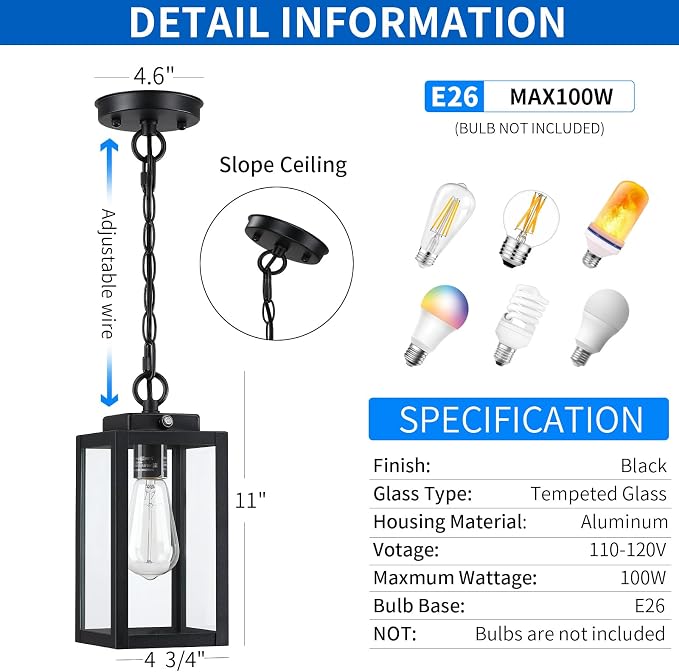 11'' Dusk to Dawn Outdoor Pendant Light, Outside Chandelier Lantern, Black | Modern Hanging Porch Light with Clear Glass, Exterior Pendant Lighting Fixture for Porch, Yard, Entryway, 1 Pack (Small)