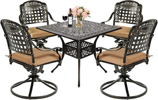 MEETWARM 5-Piece Outdoor Patio Dining Set, All-Weather Cast Aluminum Patio Conversation Set with 4 Cushions Swivel Rocker Chairs for Backyard Garden Deck and 35.4" Square Table, 2.2" Umbrella Hole