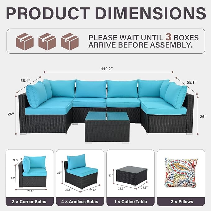 7-Piece Outdoor Patio Furniture Set – Handwoven All-Weather Rattan & 4” Thick Waterproof Cushions, Wicker Outdoor Conversation Sets with Coffee Table for Deck, Backyard, Garden, 2026, Black/Blue