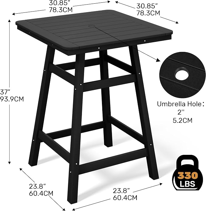 Costaelm Outdoor Bar Table, 37" Counter Height Square Patio Cocktail Bar Table with Umbrella Hole, Patio Bistro Dining Pub Table for Front Porch Deck Backyard Garden, Black