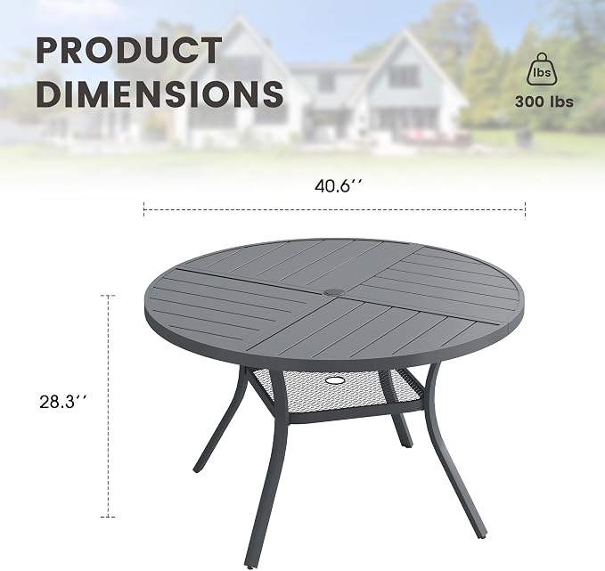 40.6" Outdoor Dining Table with Adjustable Umbrella Hole, Metal Slatted Round Patio Dining Table for Backyard Garden Deck, Dark Grey