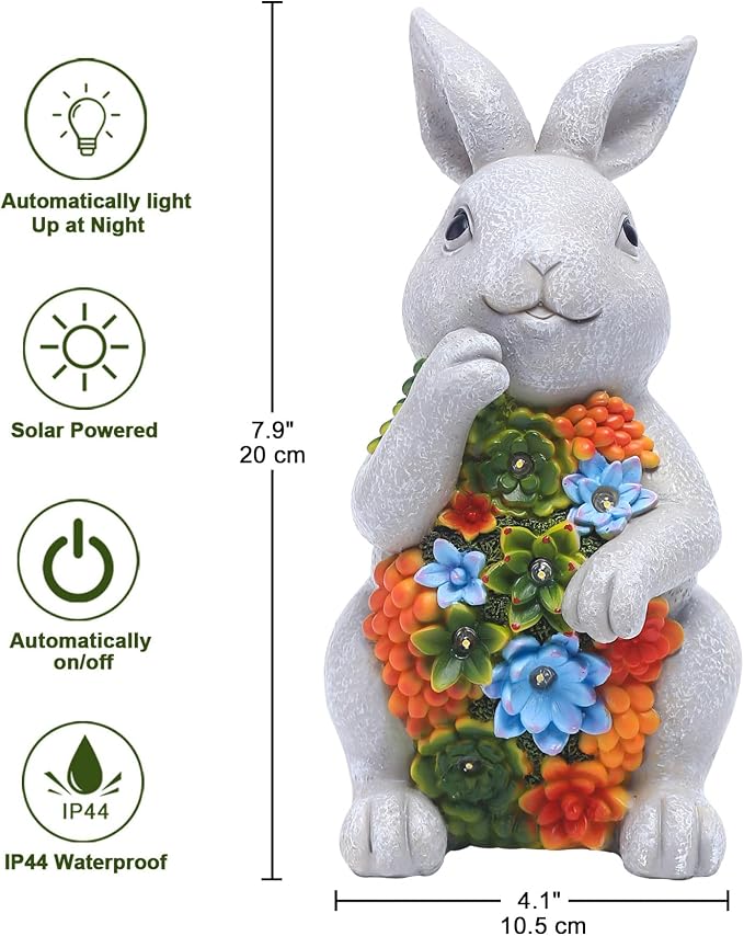Nacome Solar Garden Outdoor Statues Bunny with Succulent | 7 LED Lights, Lawn Decor Statue for Patio, Balcony, Yard Ornament, Gifts for Mom Grandma Women
