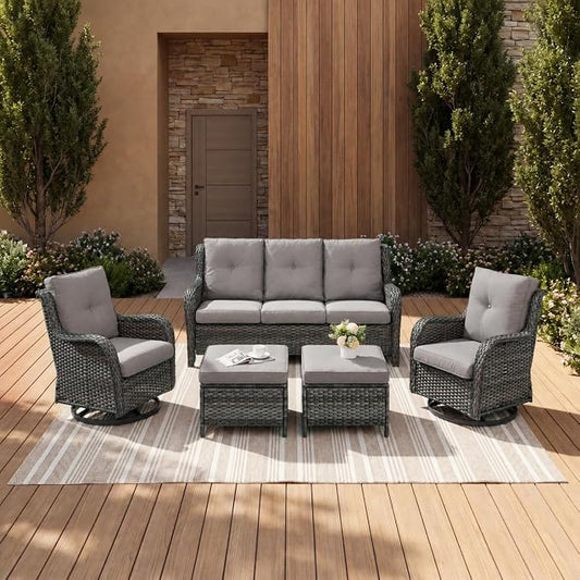Rilyson Wicker Patio Furniture Set - 5 PC Rattan Outdoor Sectional Conversation Sets with 2 Rocking Swivel Chairs,2 Ottomans and 1 Sofa for Porch Deck Garden(Mixed Grey/Grey)