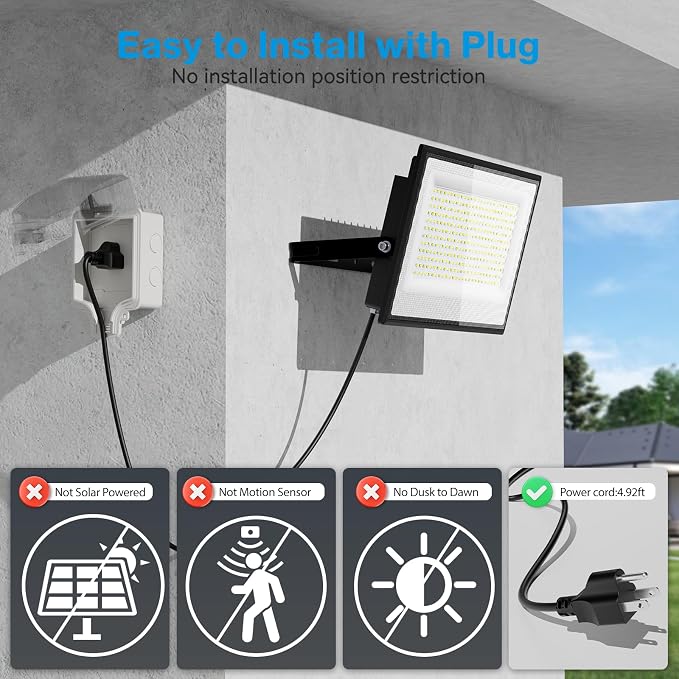 Olafus 2 Pack 300W LED Flood Light Outdoor, Super Bright Outside Floodlights with Plug, IP66 Waterproof 6500K Daylight White Exterior Security Light for Yard Stadium Lawn Barn