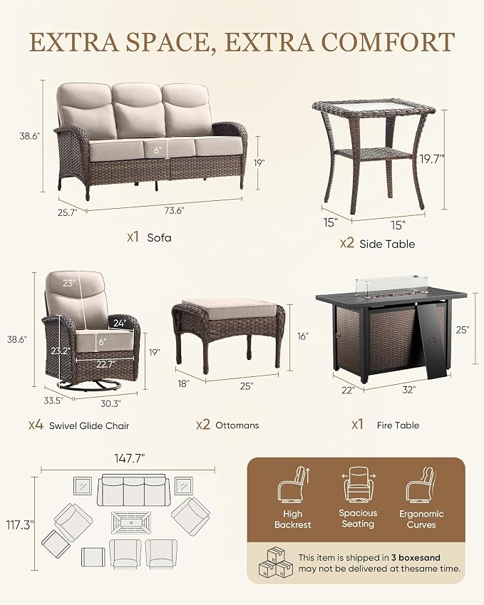 Belord Upgraded 6“ Cushion Luxury 10 Piece Patio Furniture Set with Fire Pit Table - Outdoor Couch & High Back Swivel Rocker Patio Chairs Set, Wicker Outdoor Furniture for Deck Porch Yard Brown/Beige