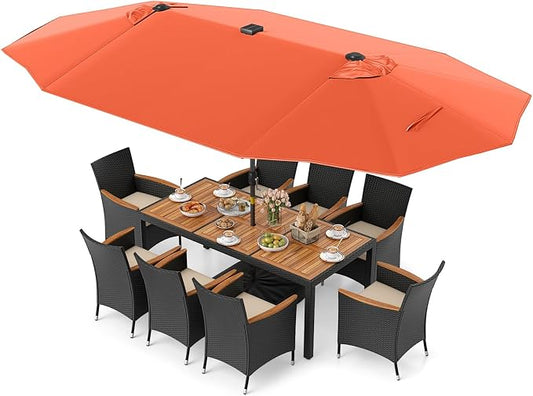 Tangkula 11 Pieces Patio Dining Set with Double-Sided Led Patio Umbrella (Base Included), with 8 Stackable Chairs, Acacia Wood Dining Table and Large Umbrella with Solar Lights (Orange + Off White)