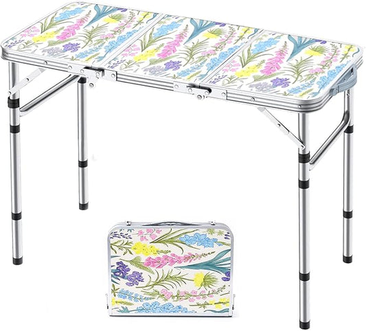 Yriuat Folding Camping Table 3ft Portable Picnic Table Adjustable Height Small Card Table Aluminum Foldable Lightweight with Carry Handle for Outdoor Indoor Hiking Camp BBQ Beach (Blooming Floral)