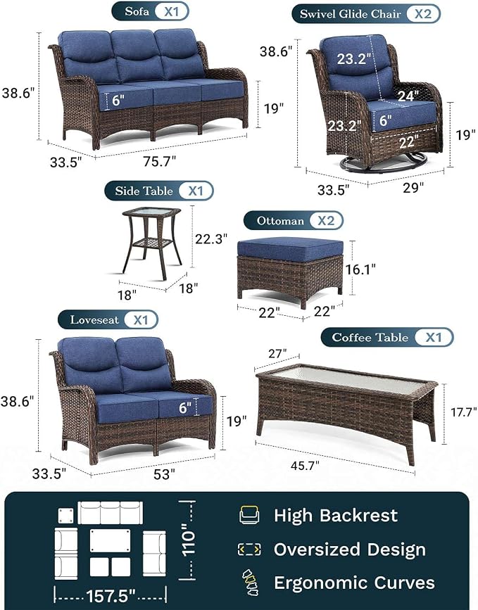 High Back Outdoor Furniture with Extra Thick Cushion Patio Swivel Rocking Chairs, Comfort 3-Seat Sofa, 8PCS Oversized Wicker Conversation Set for Porch, Deck, Yard in Blue