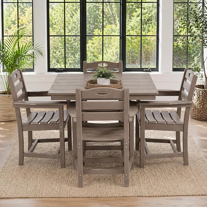 5-Pcs Outdoor Patio Dining Table Set of 5, Outdoor Patio Square 37.8'' Dining Table Set for Lawn Garden Backyard, HDPE Material & 1.7'' Umbrella Hole (Arm Chair, Antique Brown)