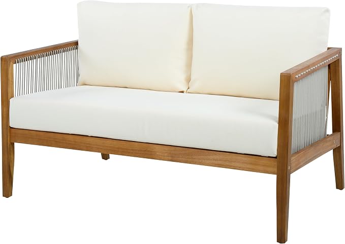 Christopher Knight Home Lalulu 4-Seater Patio Furniture Set with Cushion, 4 Piece Outdoor Acacia Wood Conversation Set, Sold Wood Outdoor Sectional Sofa Set with Coffee Table, Teak+Beige