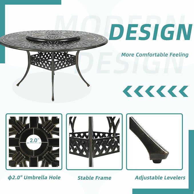 MEETWARM Outdoor 61" Round Patio Dining Table with Detachable Lazy Susan, All Weather Cast Aluminum Large Patio Furniture Table Fits for 6-8 Person with 2" Umbrella Hole, Smooth Spin, Dark Bronze