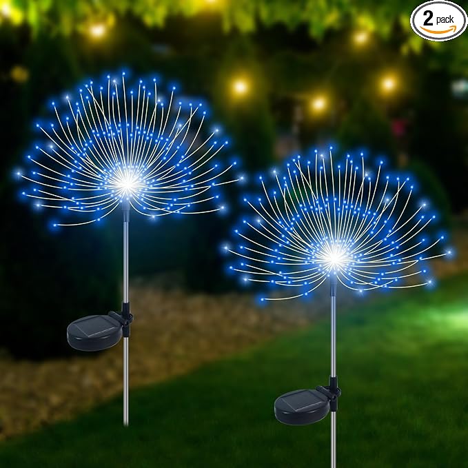 Slyuexu Solar Garden Lights Outdoor Waterproof, 2 Pack 120 LED Solar Firework Lights Decorative Garden Décor Outside for Flowerbed Pathway Party Christmas Decorations, Blue