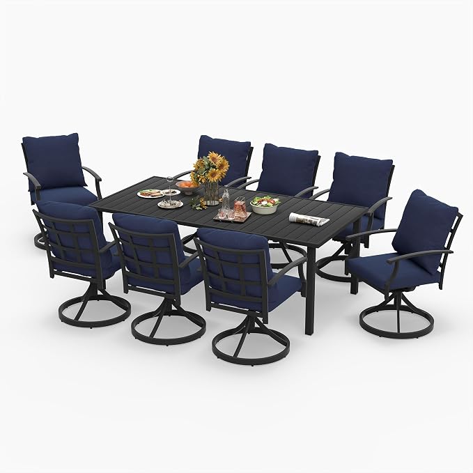 HAPPATIO 9-Piece Patio Dining Set, Outdoor Dining Set with Powder-Coated Metal,Dining Table with Umbrella Hole, 8 Swivel Chairs with Removable Cushions for Porch Poolside Garden,Navy Blue