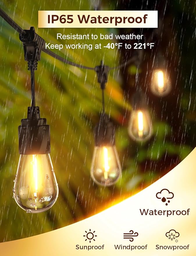 XMCOSY+ Outdoor String Lights, 96FT Patio Lights with 32 LED Bulbs | Shatter-resistant build, waterproof hanging lights for porch, backyard, garden, party and balcony decor