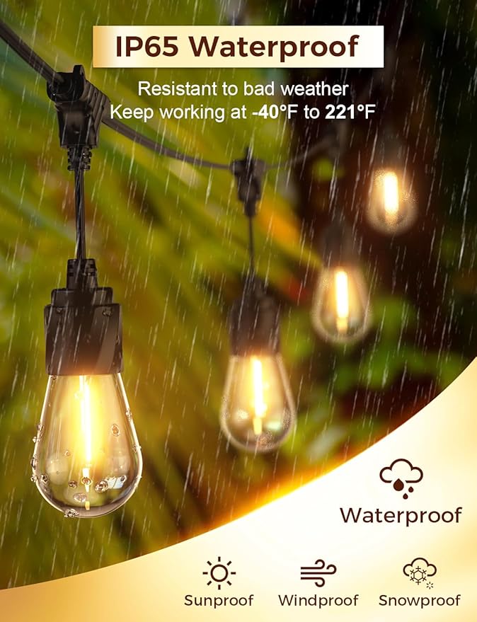 XMCOSY+ Outdoor String Lights, 120FT Patio Lights with 42 LED Bulbs | Waterproof commercial grade hanging lights for porch, backyard, gazebo, garden, outdoor decor