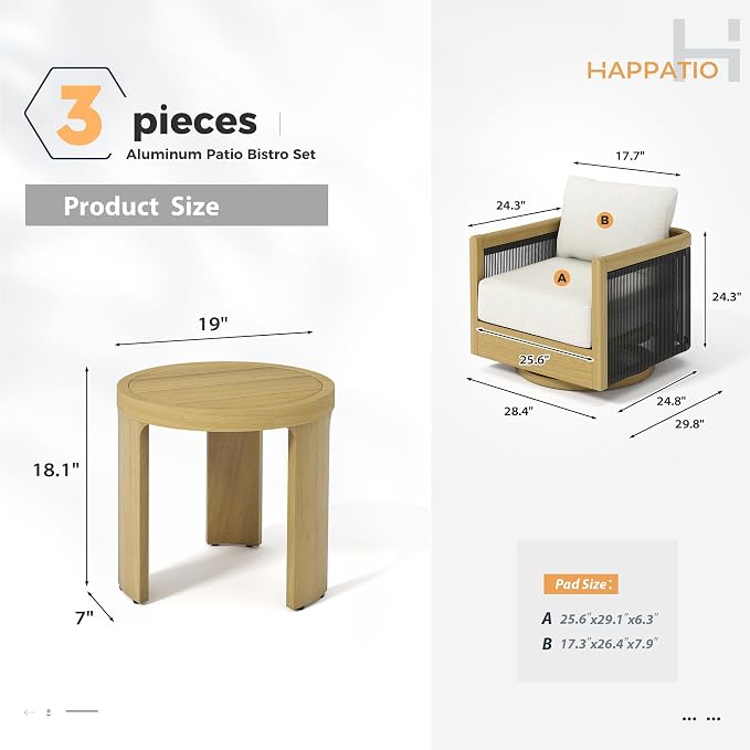 HAPPATIO Aluminum Patio Furniture Set, 3 Pieces Wood-Like Oversized Outdoor Conversation Set with Thick Cushion, Swivel Chair with Curved Tub Design and Woven Rope Accents for Garden, Yard, Pool