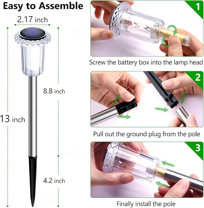 DenicMic Solar Pathway Lights Outdoor Waterproof Cold White LED 15 Pack | Yard Garden Driveway Walkway Landscape Path Lights, Starburst Pattern, Acrylic Diamond-like Lampshade Stainless Steel Pole