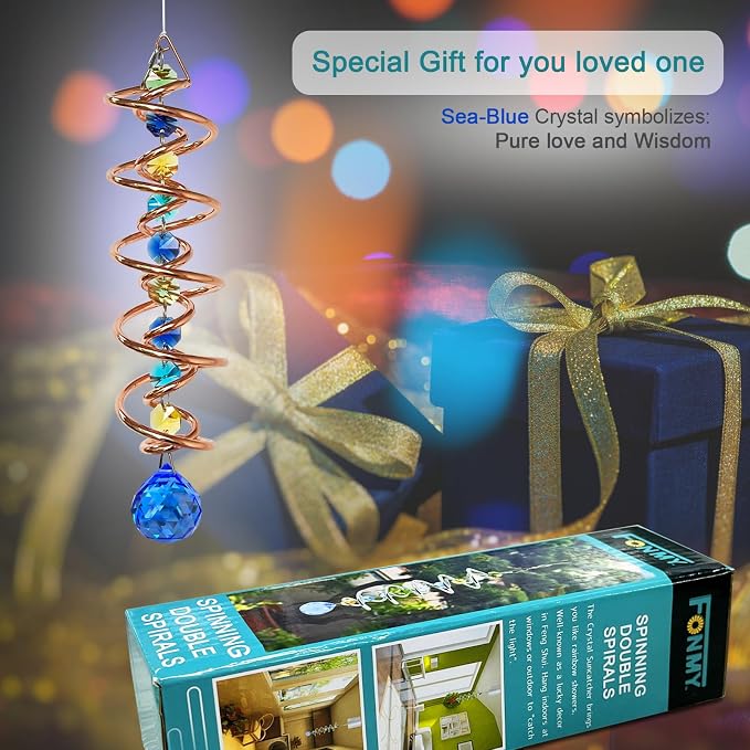FONMY Gazing Ball Spiral Tail -Decorative Wind Spinner Sun Catcher Rainbow Maker Copper Double-Spiral W/Sea Blue Crystal Ball and Chain Crystals Beads for Indoor Outdoor Garden Decoration -14 inch H