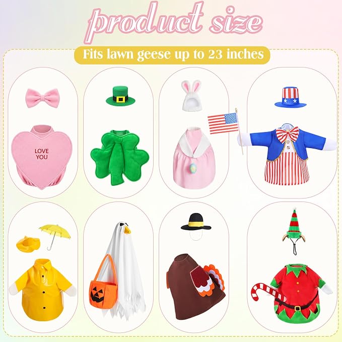 FuWeave 8 Set Holiday Porch Goose Outfits 23'' Goose Clothes Summer Fall Halloween Christmas Winter Thanksgiving Valentine St. Patrick Easter 4th of July Lawn Porch Geese Costume for Patio Yard Decor